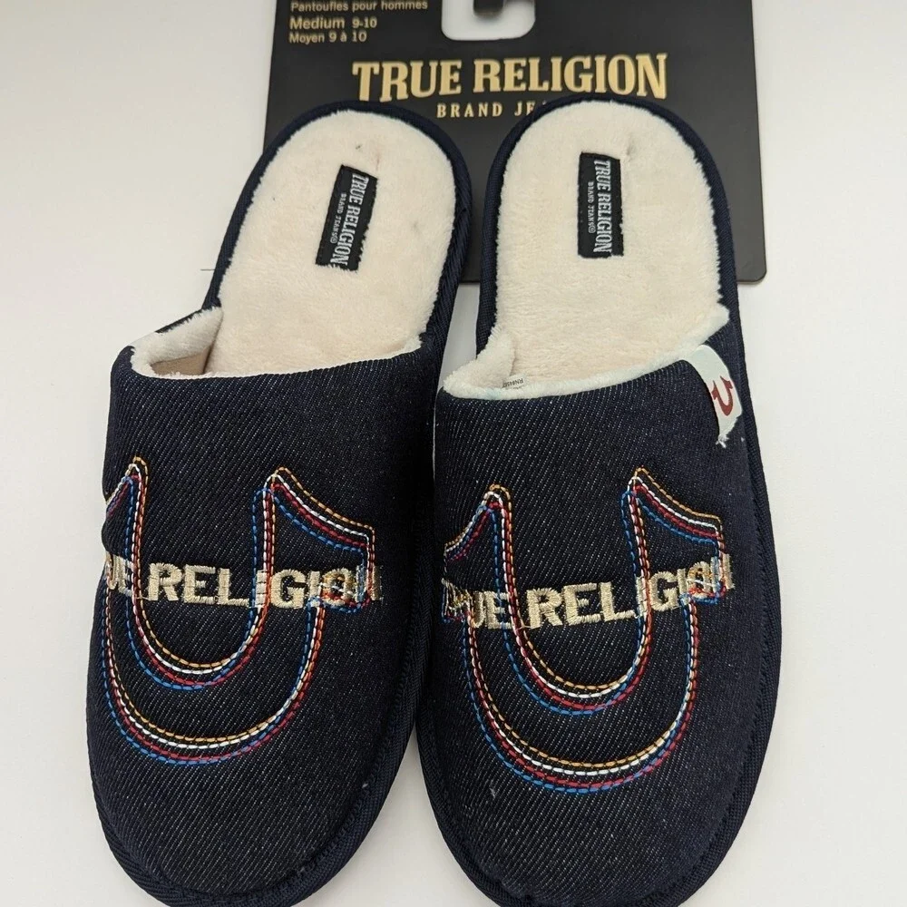 NWT True Religion Men's (Size Medium 9-10) Denim Slide-In Slippers